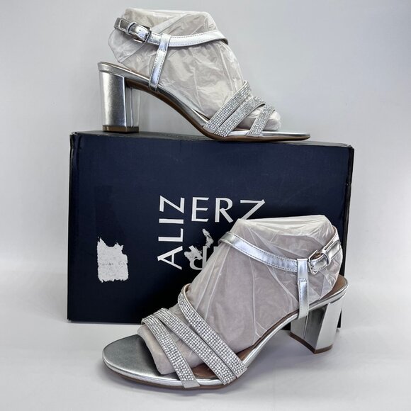 Naturalizer Bridget4 Silver Strappy Rhinestone Sandal Size 8.5 WIDE Block Heel - Picture 1 of 16
